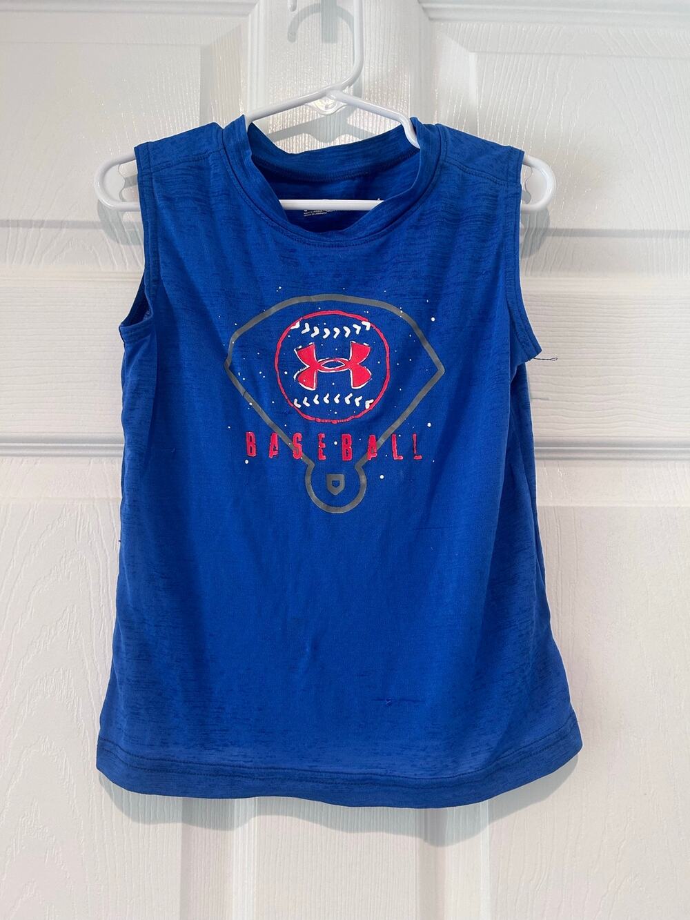 Under Armour Boys Size 4 Royal Blue Baseball Tank Top Graphic Sleeveless Shirt